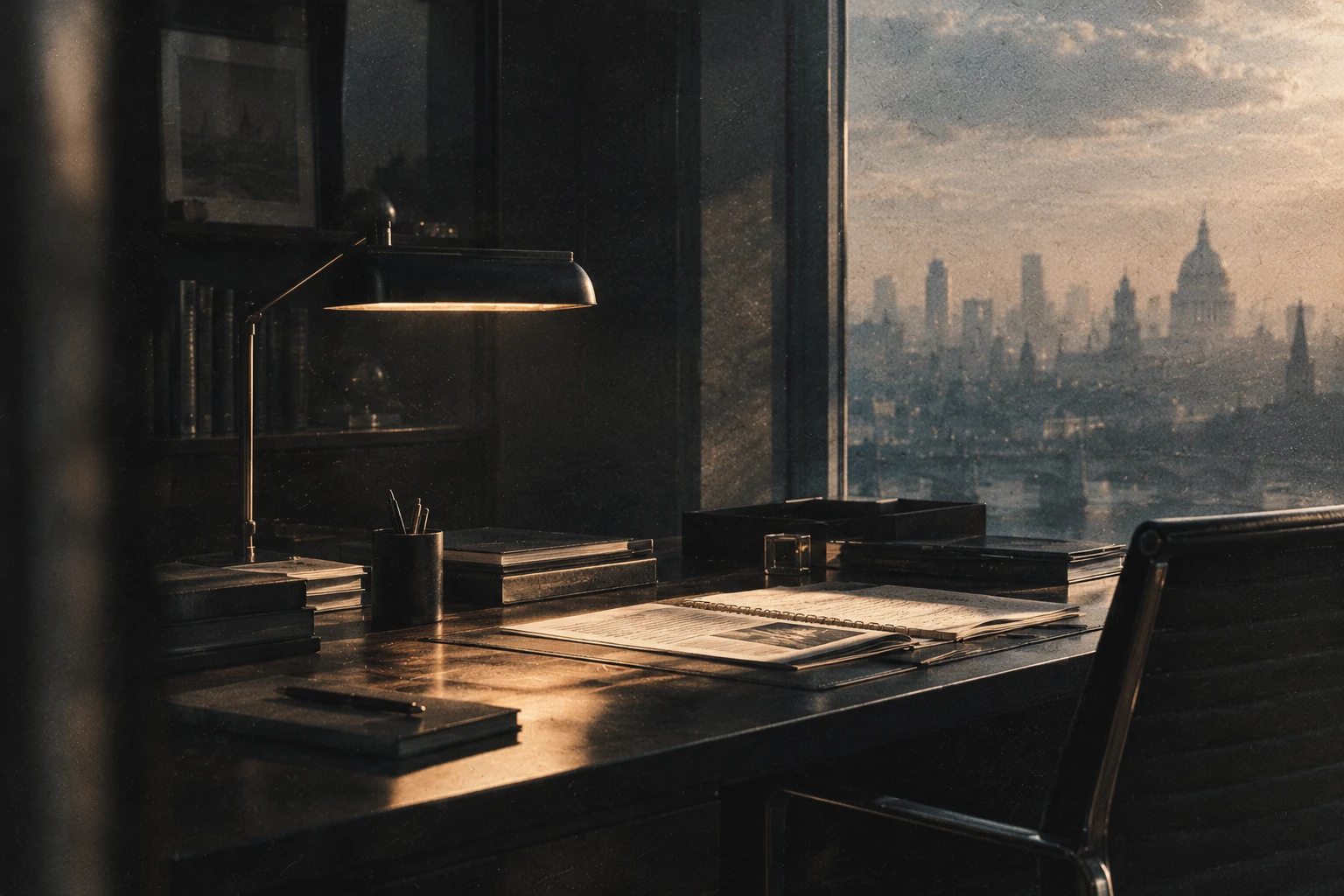 A banker’s desk at sunrise, a lamp lit over an open document, the city beyond the window.