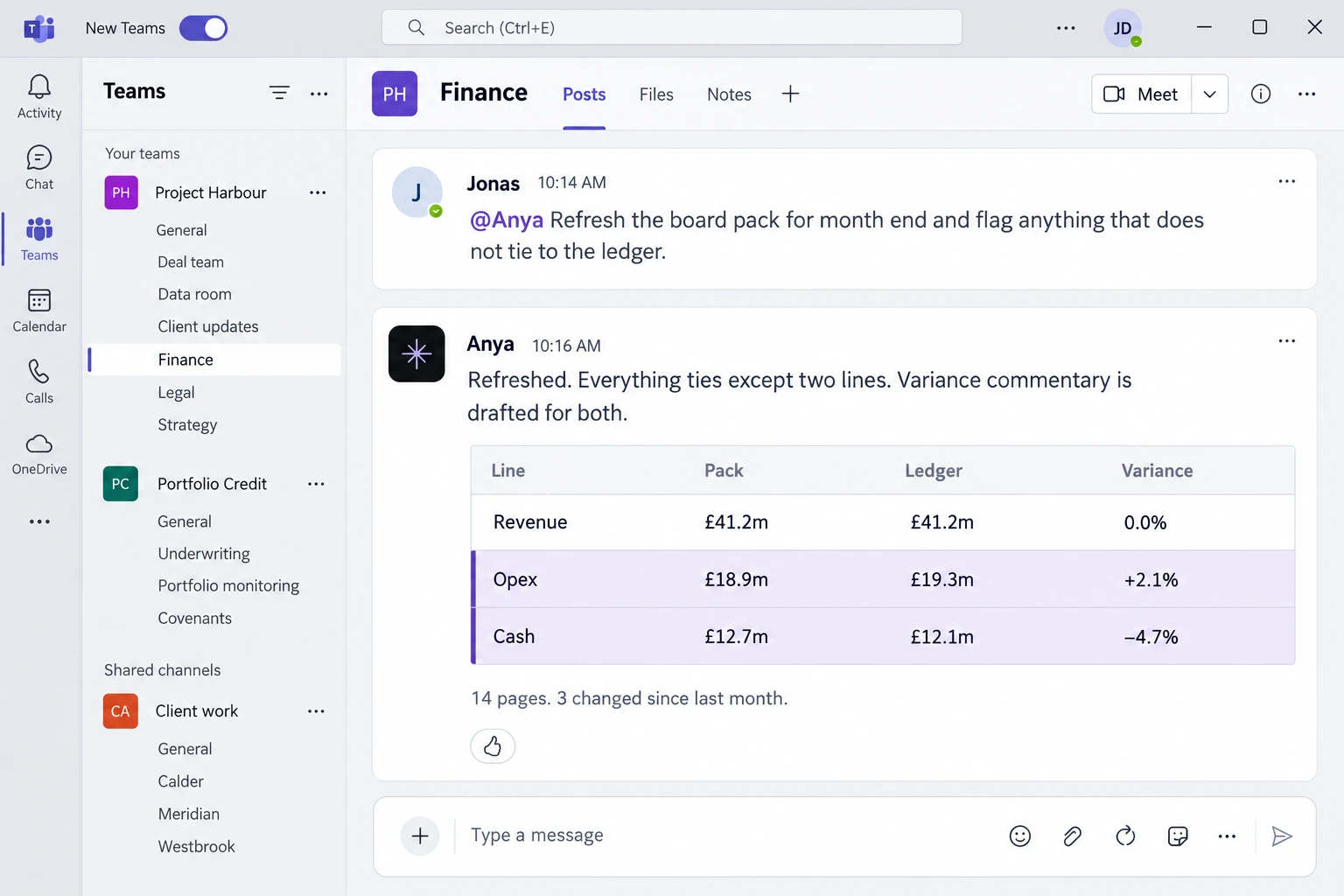 Microsoft Teams, Finance. A request to refresh the board pack and flag anything that does not tie to the ledger, and Anya’s reply: everything ties except two lines, with the variances shown.