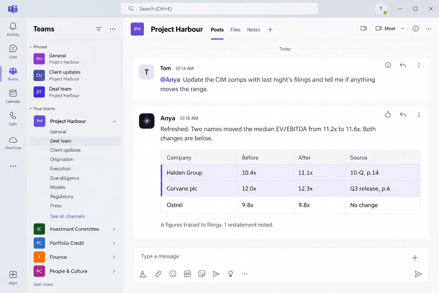 Microsoft Teams: a request to update a set of comparables, and Anya’s reply with the changes and the filing page for each.