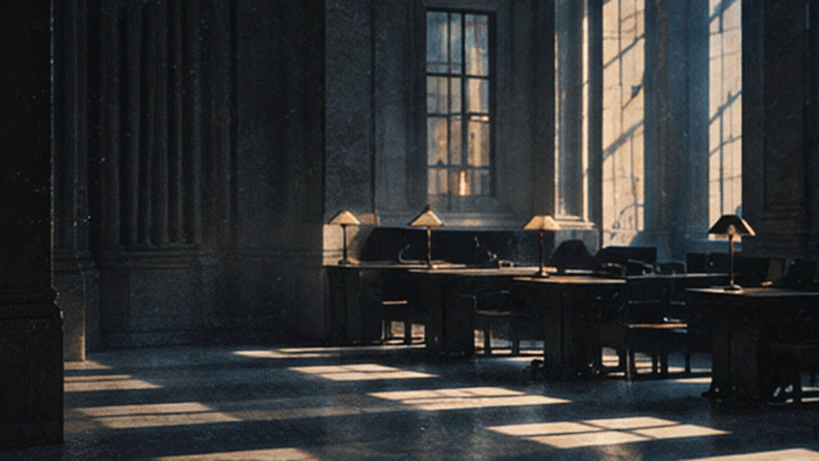 A reading room in a stone building, rows of desks with lamps, shafts of light across the floor.