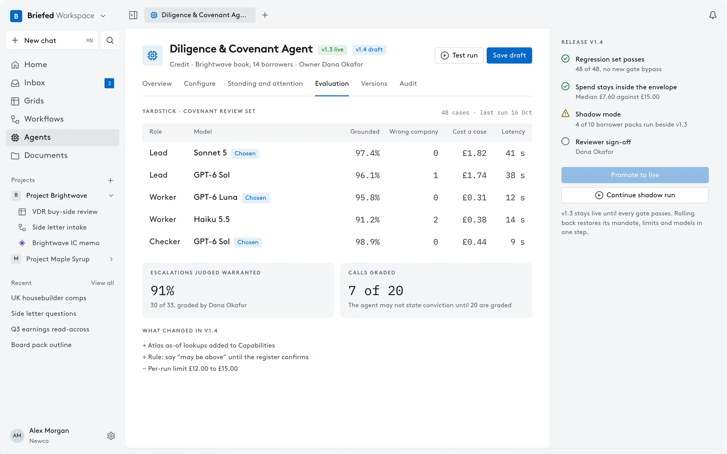 An agent’s evaluation tab: models compared on accuracy, cost and speed, with release checks beside them.