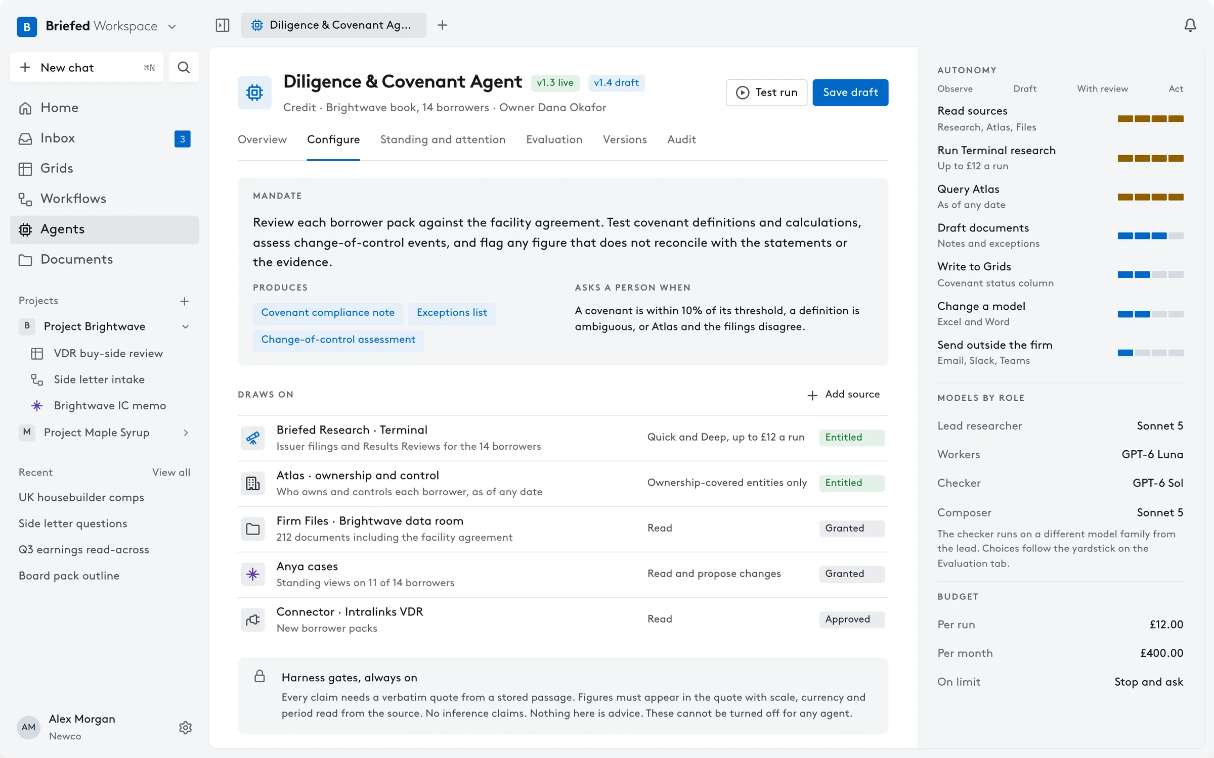 An agent’s Configure tab: its mandate, what it produces, when it asks a person, the sources it draws on and its autonomy by action.