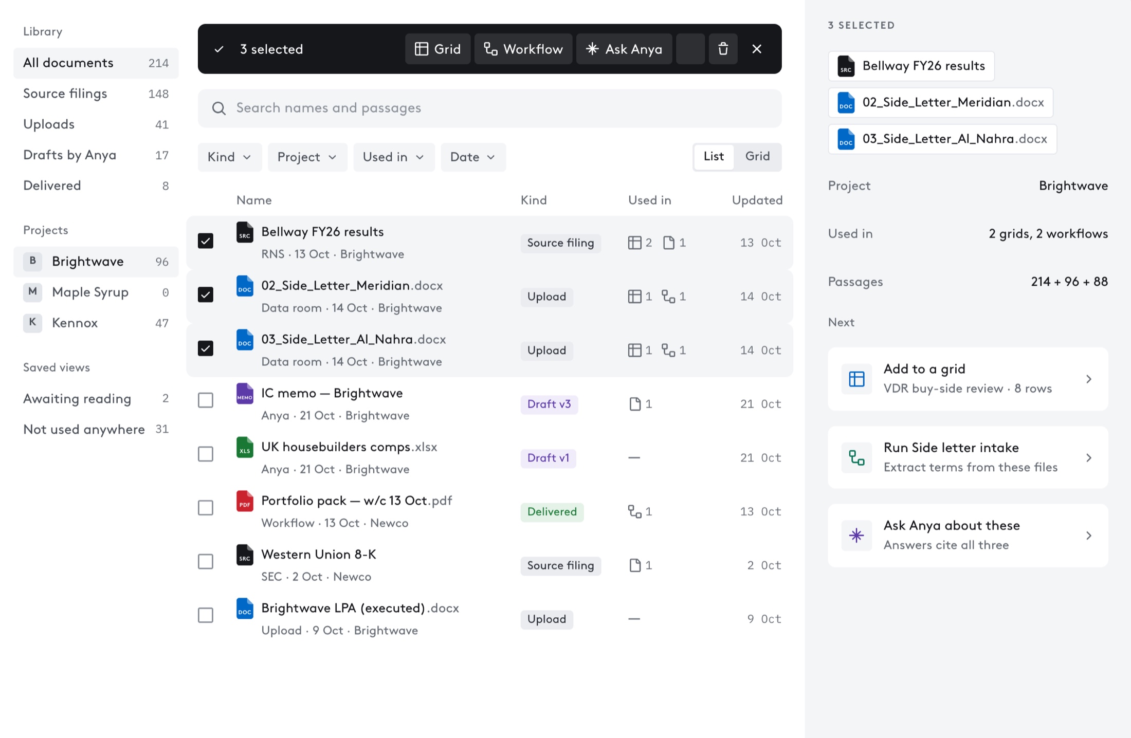 Three documents selected, with buttons to add them to a grid, run a workflow or ask Anya.