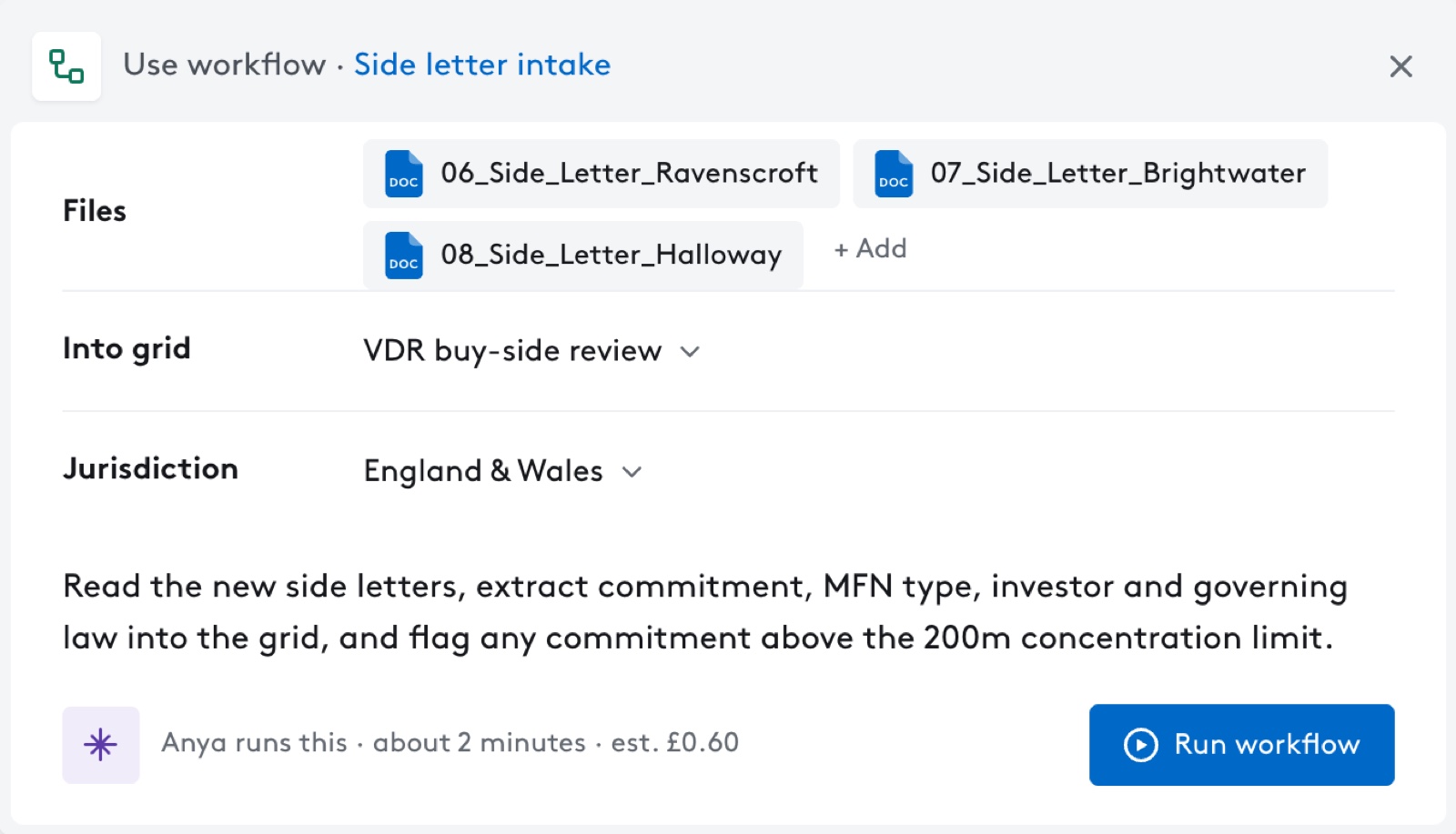 The run dialog for the side letter intake workflow, showing files, target grid, jurisdiction and an estimated cost.