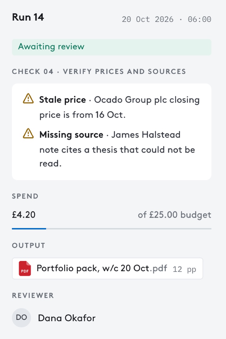 A run held at its check step with a stale price and a missing source listed, with the spend, output and reviewer.